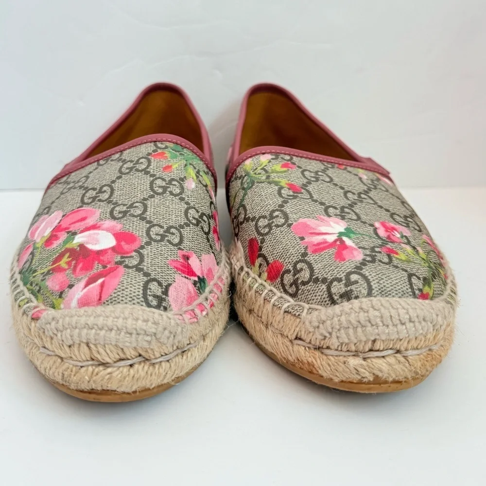 Gucci Pink Bloom Floral Print Logo Monogram Canvas Espadrilles Flats EU 38.5